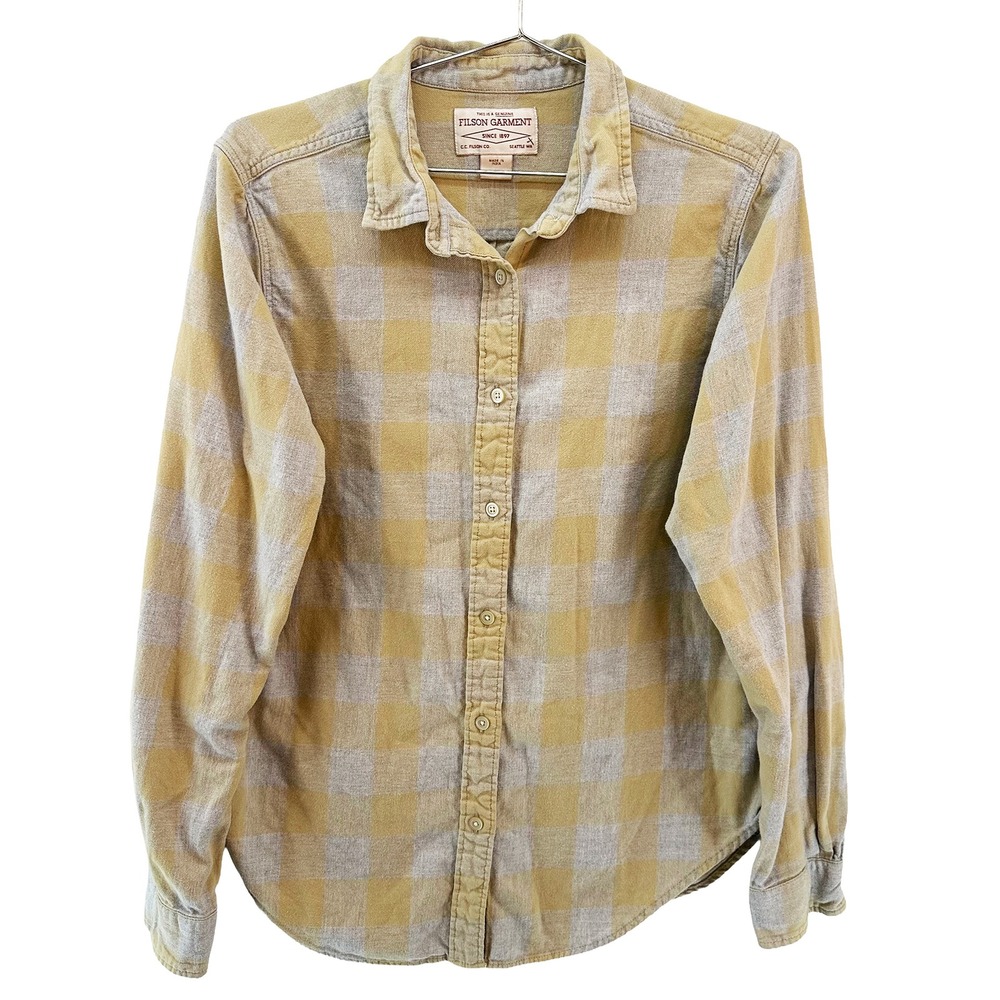 GENUINE FILSON Women's Plaid Cotton Flannel Button‎ Up Shirt • Large • gray, tan
